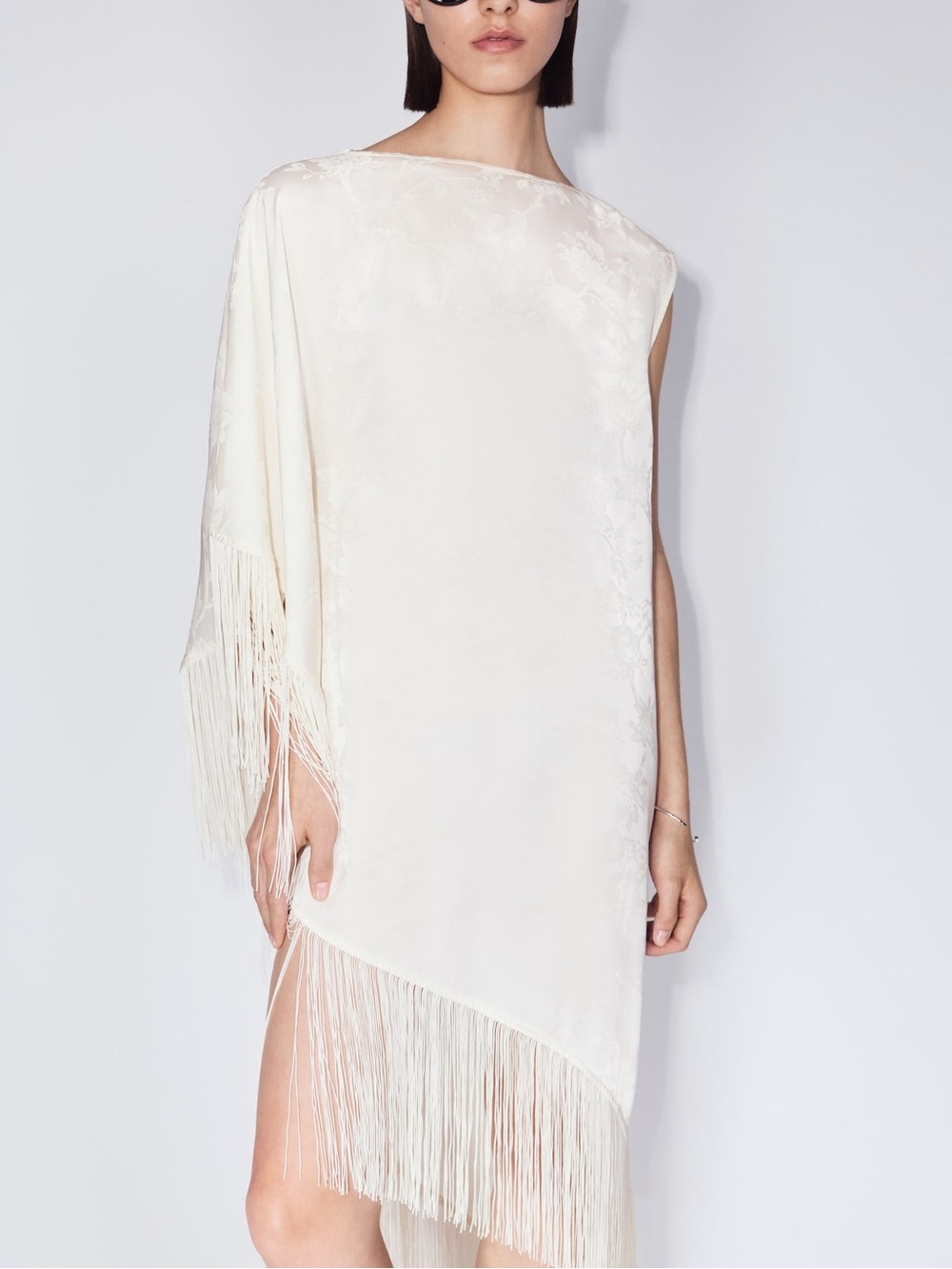 H&M Cream Fringed One-Shoulder Asymmetric Kaftan Midi Dress - Large NWT - Picture 3 of 7